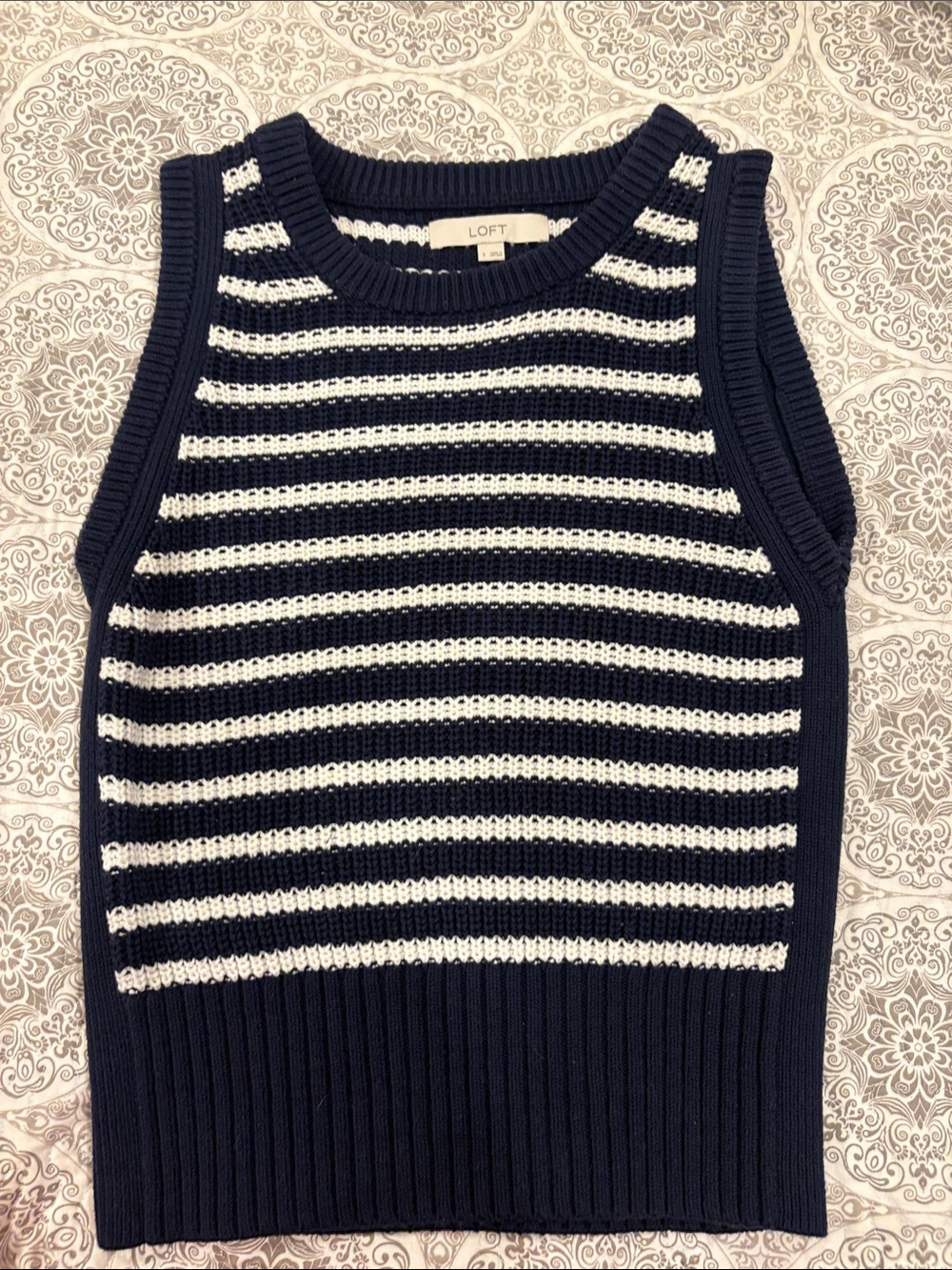 LOFT Navy & White Striped Knit Sleeveless Crewneck Sweater